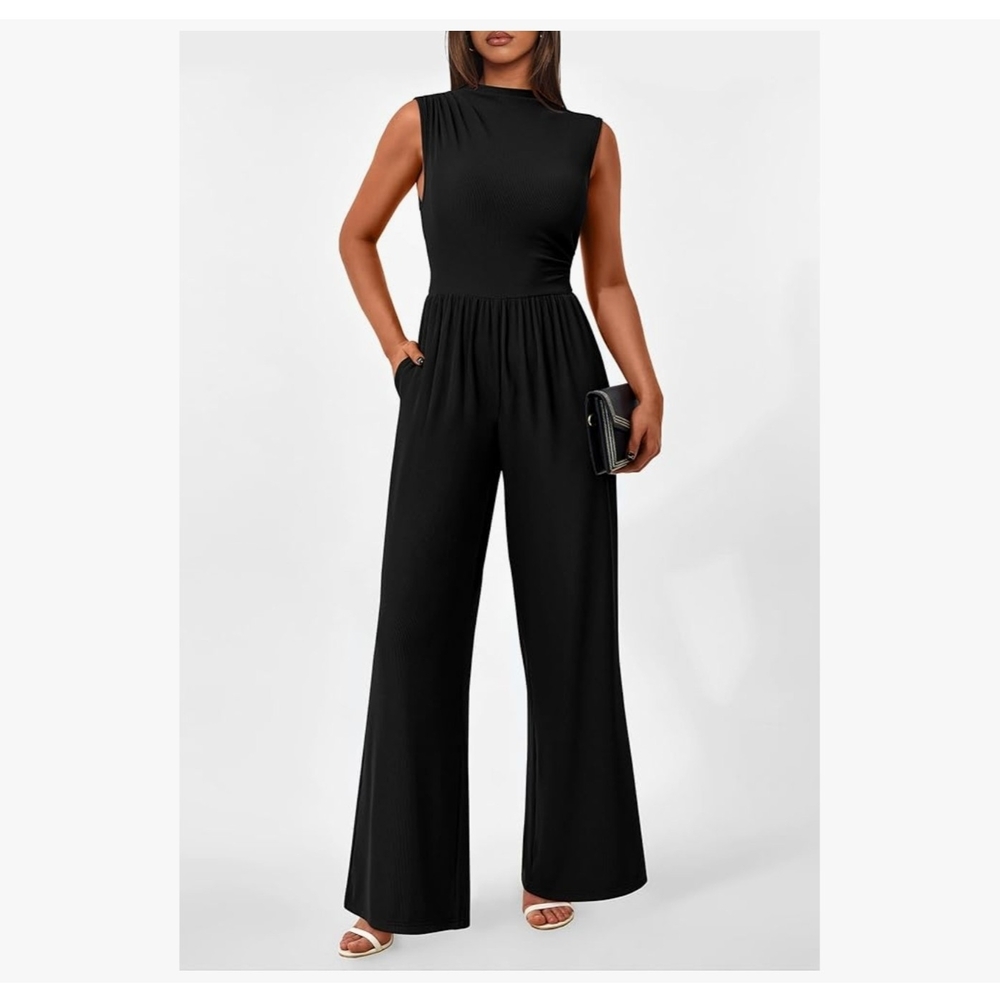 PrettyGarden Chic classic Black Sleeveless Jumpsuit mock neck